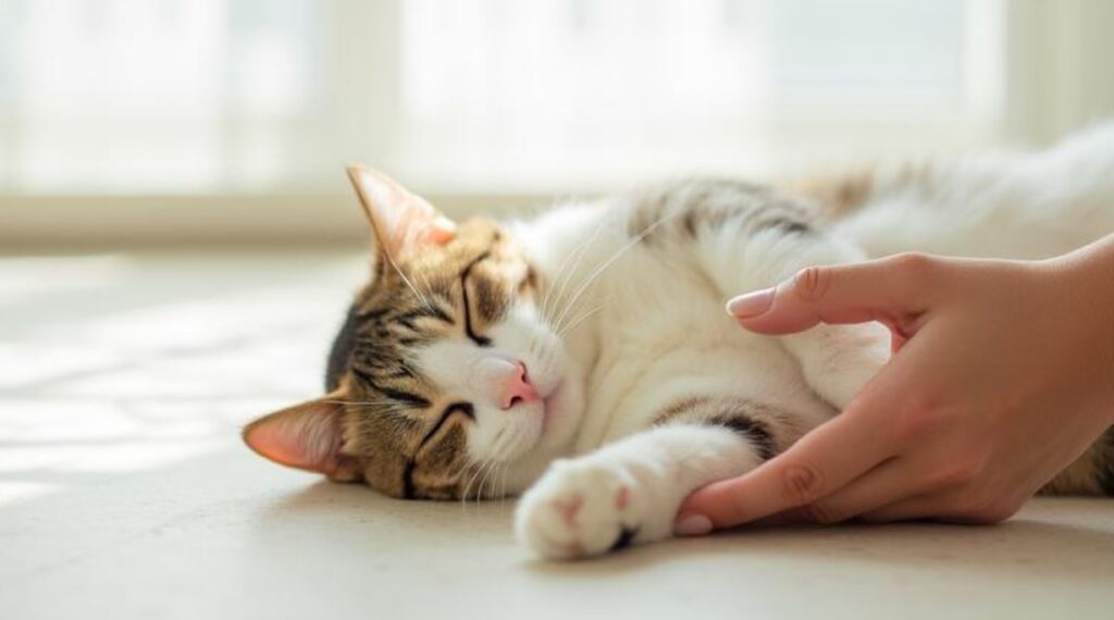 寝ている猫に手を指し伸ばしている