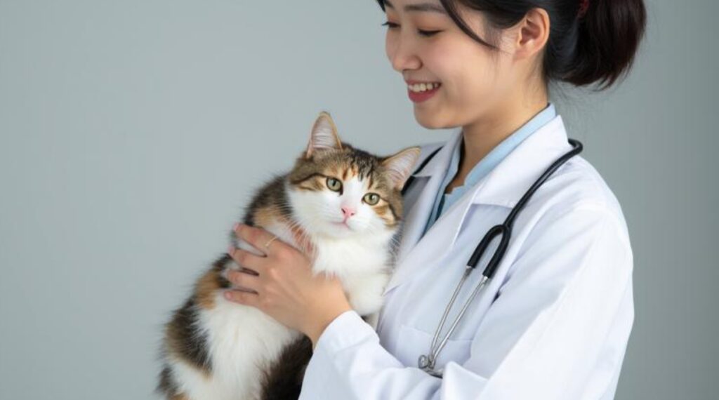 獣医が猫を抱っこして微笑んでいる