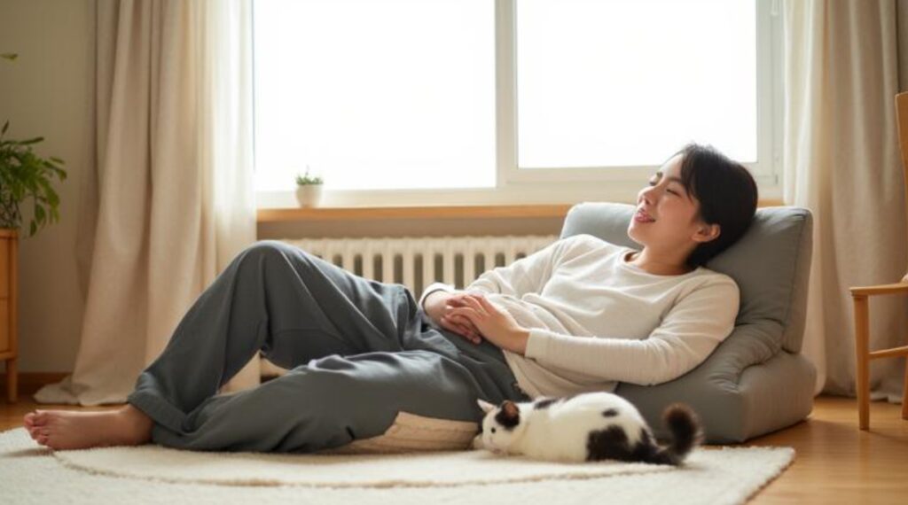 猫と飼い主がリビングで一緒にくつろいでいる