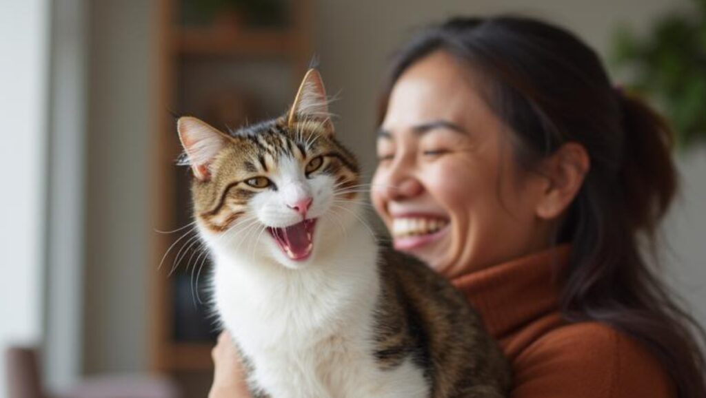 猫と飼い主が笑っている