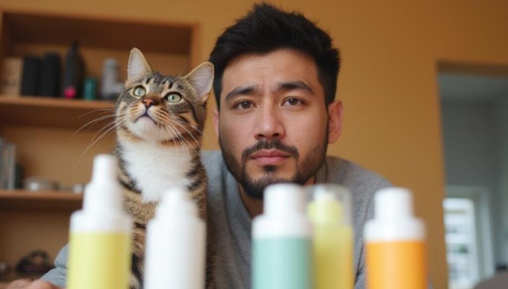 消臭剤を見ている猫の飼い主