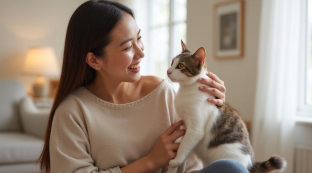 飼い主と猫が向き合っている