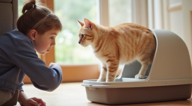 猫のトイレの前にいる飼い主
