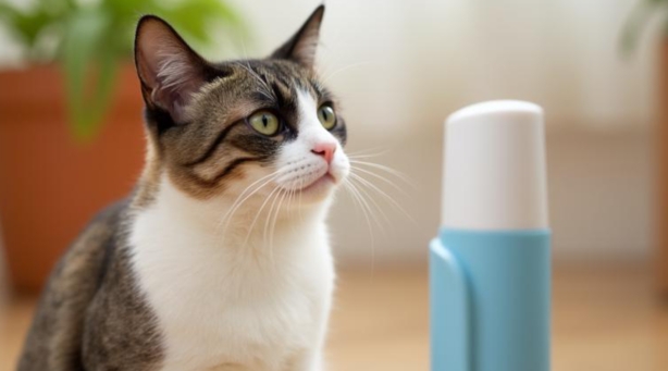 消臭剤の前にいる猫