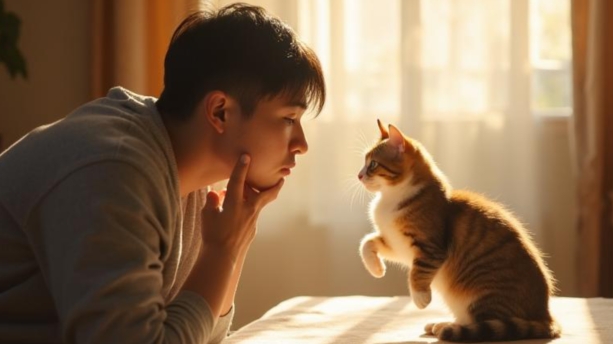 猫と向かい合う飼い主