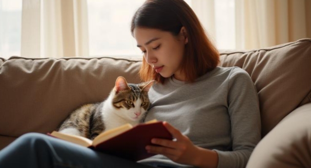 ソファーでくつろぐ猫と飼い主