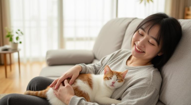 くつろいでいる猫と飼い主