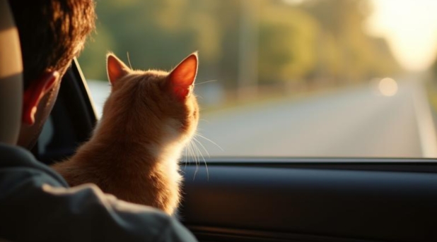 車から外を見ている猫