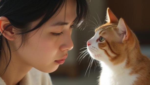 向かい合う飼い主と猫