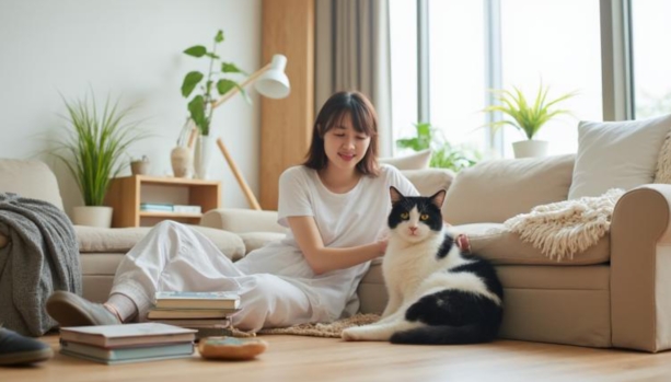 リビングでくつろぐ飼い主と猫
