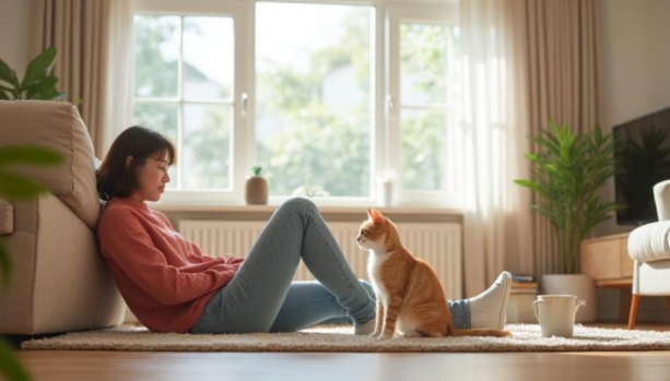 部屋でくつろぐ猫と飼い主