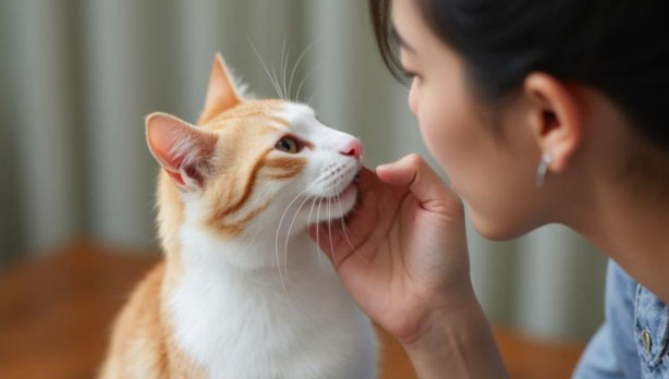 寝kの口元を見る飼い主