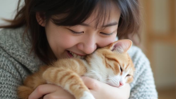 飼い主が猫を抱いている