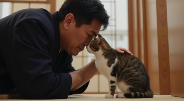 猫と向かい合う飼い主