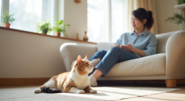 ソファーでくつろぐ飼い主と猫