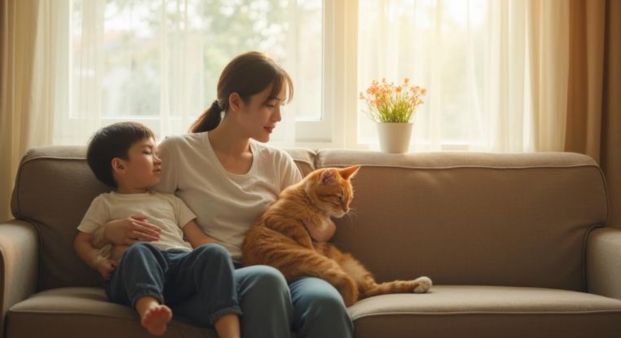 飼い主親子とソファーにいる猫