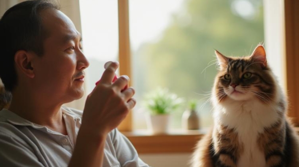 猫のとなりで香りを嗅ぐ飼い主
