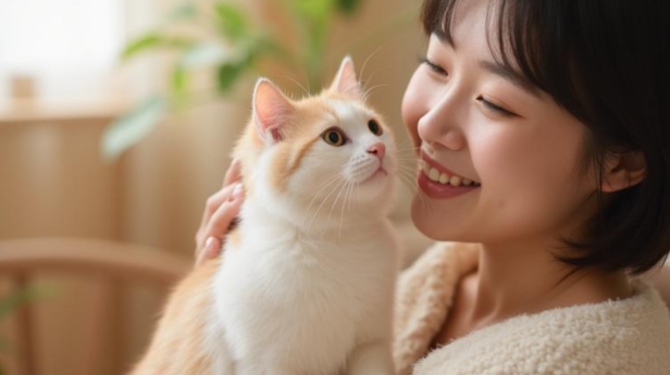 飼い主が猫を抱っこする