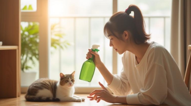 消臭剤を持った飼い主