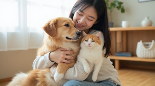犬と猫を抱っこする飼い主