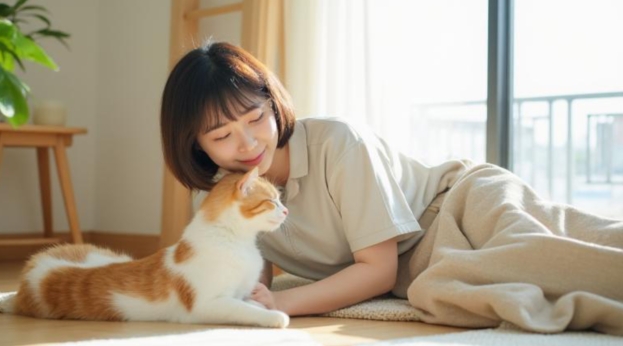 猫とくつろぐ飼い主