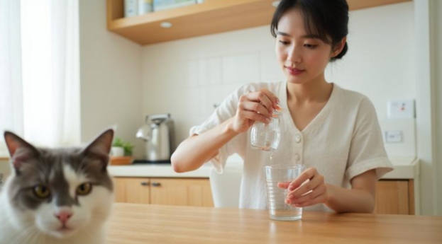 こちらを見ている猫と飼い主