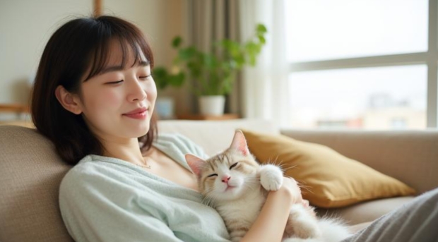 安心して寝ている猫と飼い主