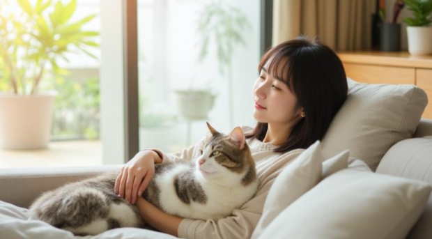 くつろいでいる猫と飼い主