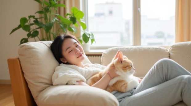 ソファーにくつろぐ猫と飼い主
