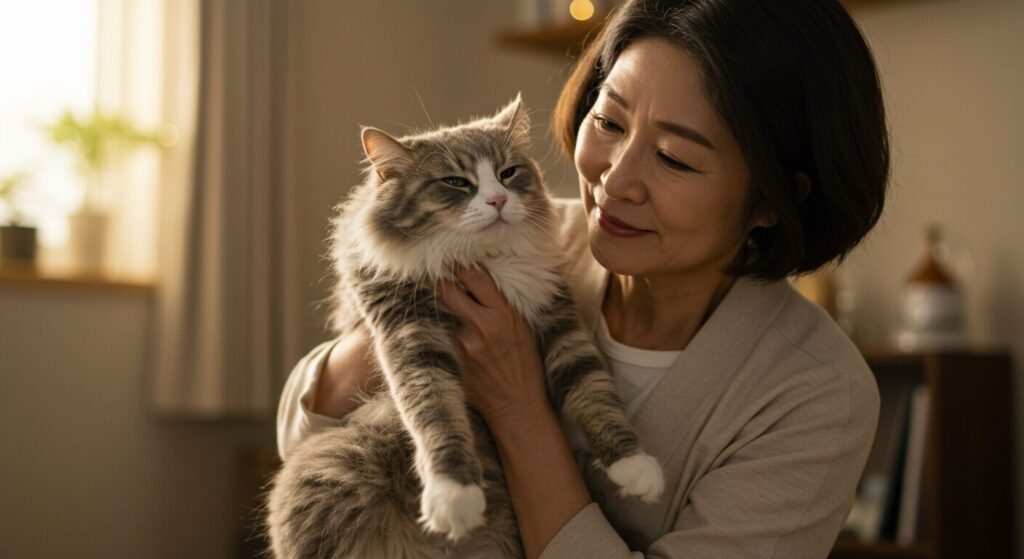 猫を抱いている飼い主
