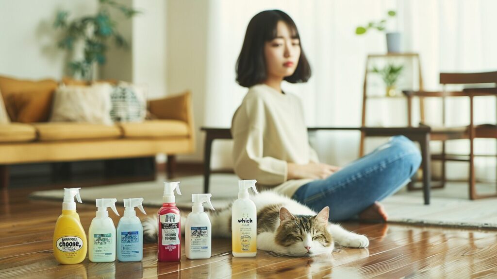 いくつかの消臭剤が床に並んでいる