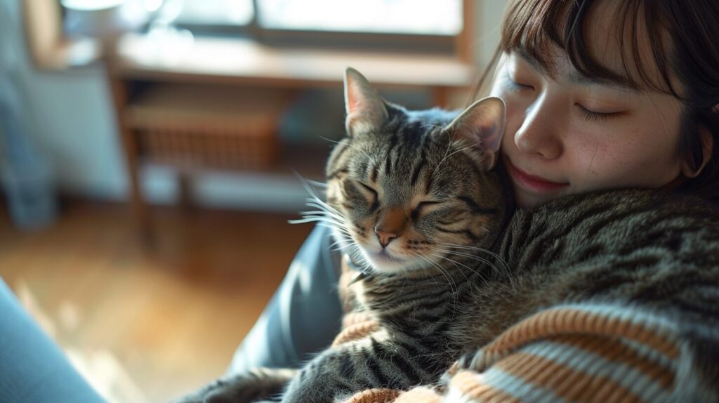 猫を抱っこする飼い主