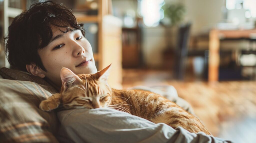 飼い主の肩に乗る猫