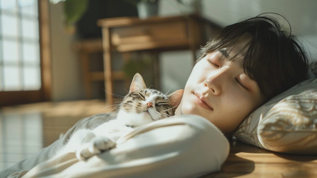 猫と眠る飼い主