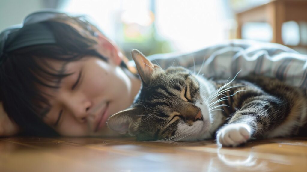 寝ている猫と飼い主