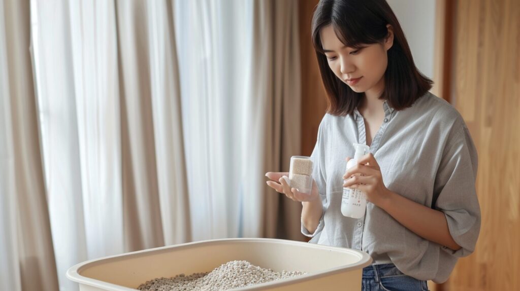 消臭剤を持っている飼い主