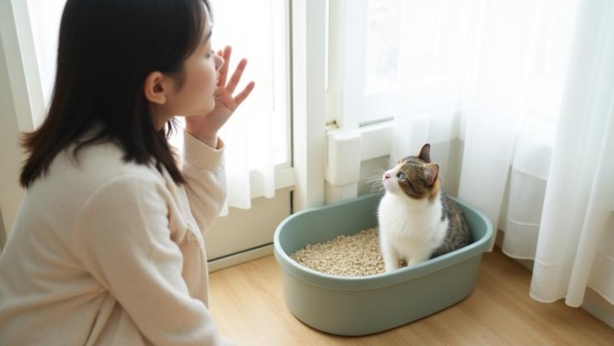 猫のトイレを見る飼い主