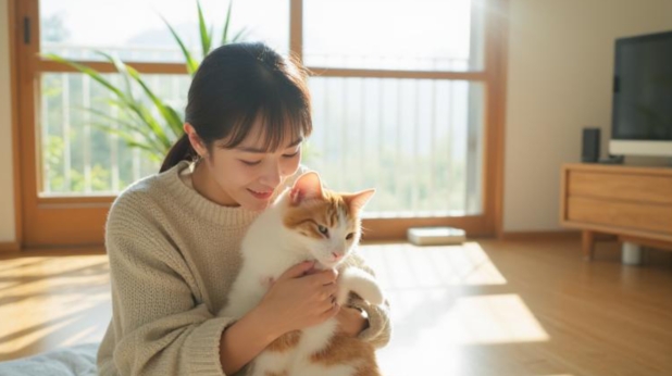 猫を抱っこする飼い主