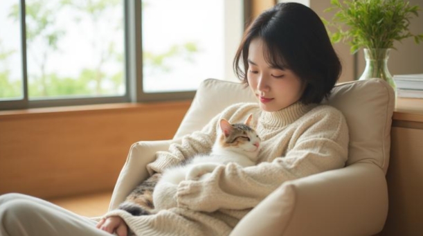 猫を抱っこす飼い主