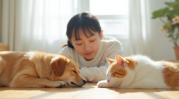 床に寝る犬と猫と飼い主