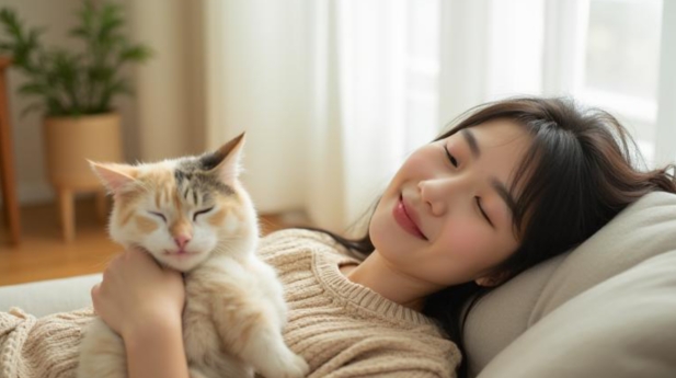 くつろぐ猫と飼い主