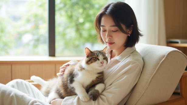 猫を抱く飼い主