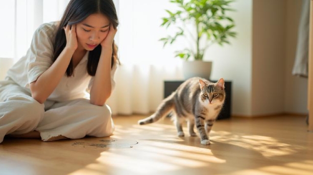 猫のおっしっこを見る飼い主