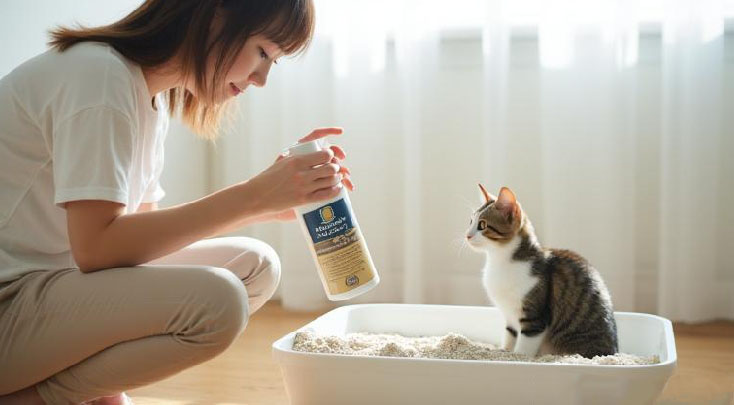 スプレーを持って猫と向かい合う飼い主