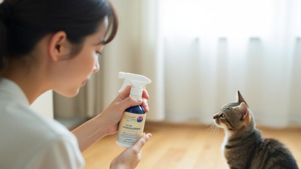 消臭剤を見る猫の飼い主
