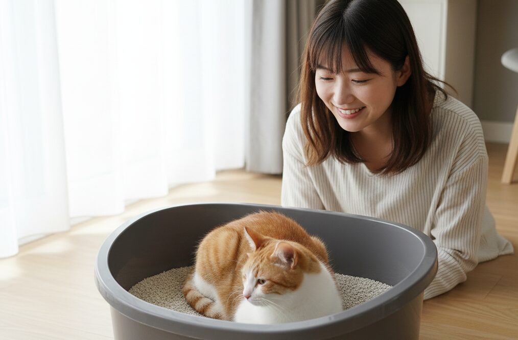 猫のトイレを見る飼い主