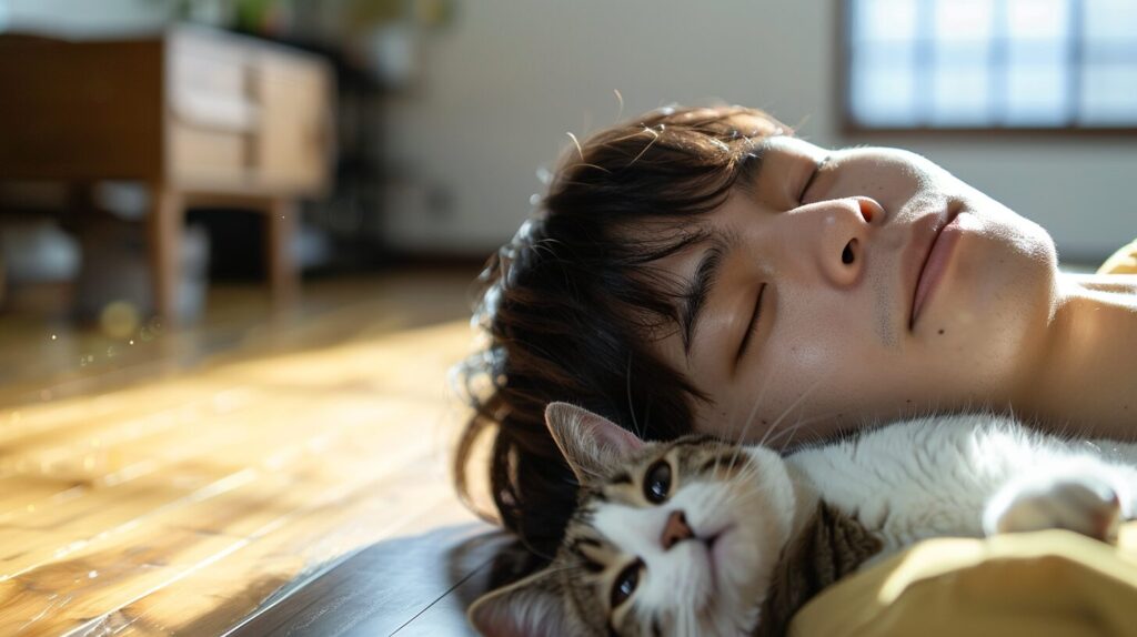 寝ている猫と飼い主