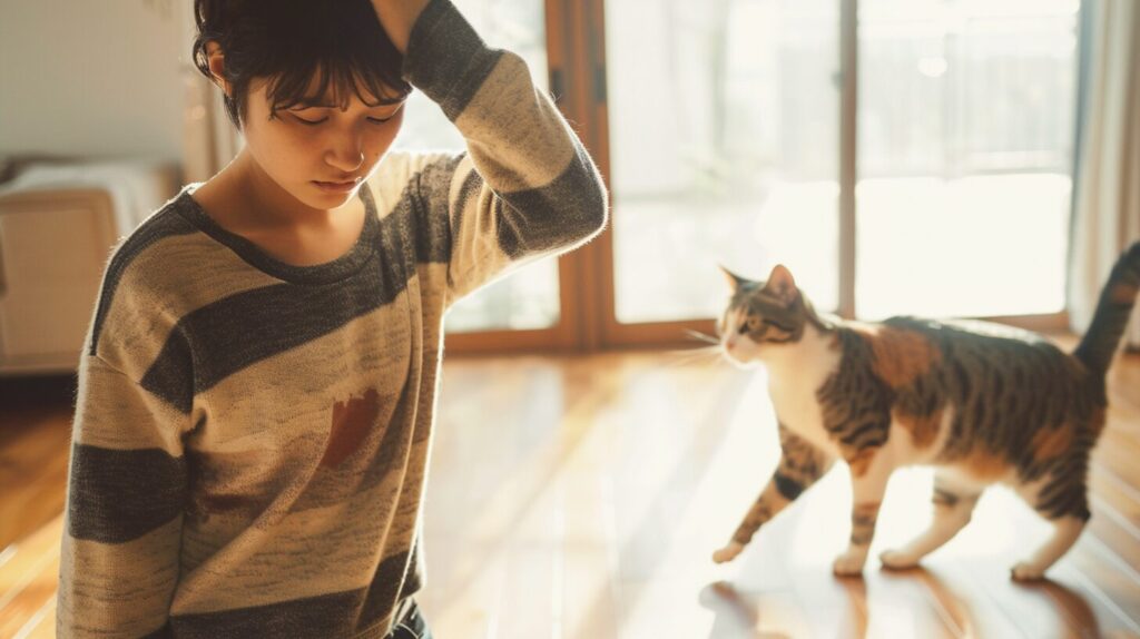 猫と悩んでいる飼い主