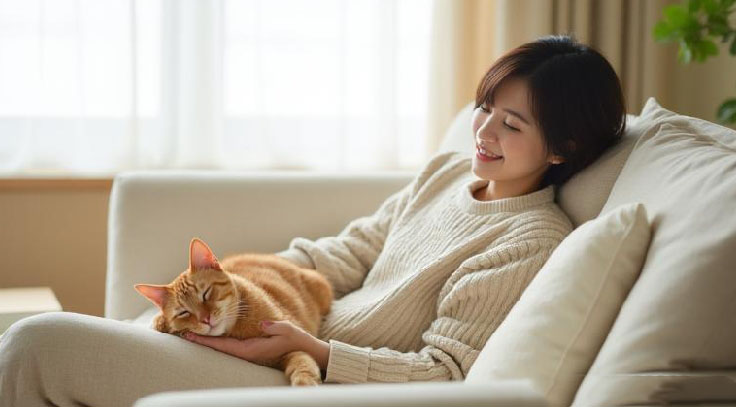 ソファーで猫を抱っこする飼い主