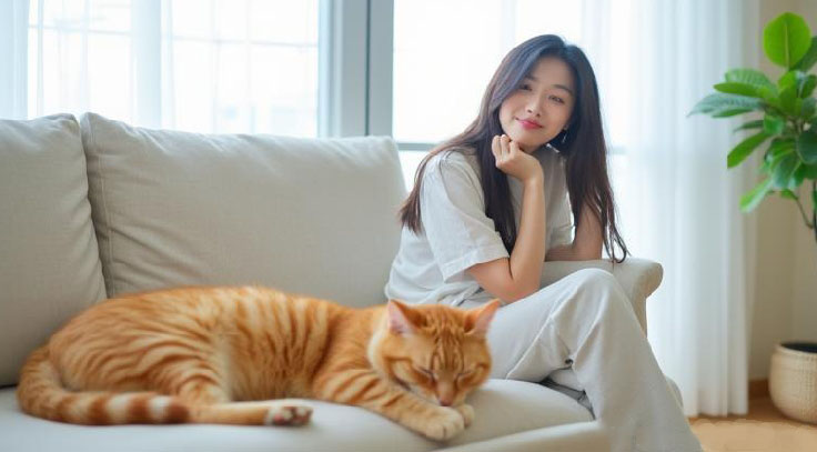 飼い主とソファーにいる猫